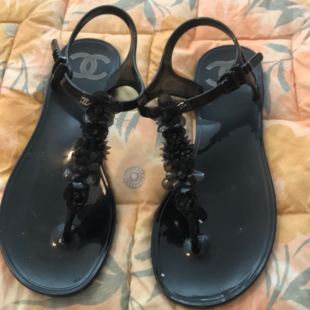 Black Chanel Floral Sandals